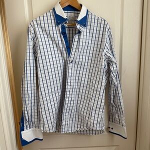 Sovrano - slim fit blue grid pattern collar button shirt